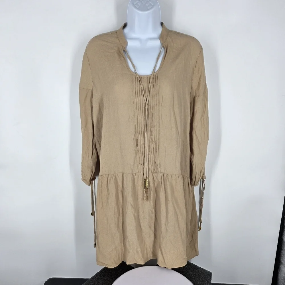 Michael Kors Women 6 Light brown Beige Drop Waist Dress Tassel Shift Pintuck